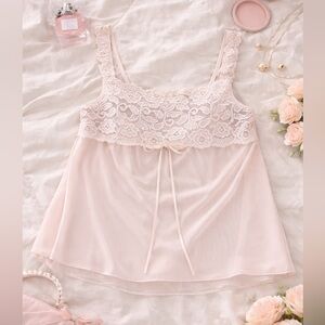 Vintage Small Pink Floral Sheer Lace Mesh Cami Camisole Slip Tank Top Coquette 🎀